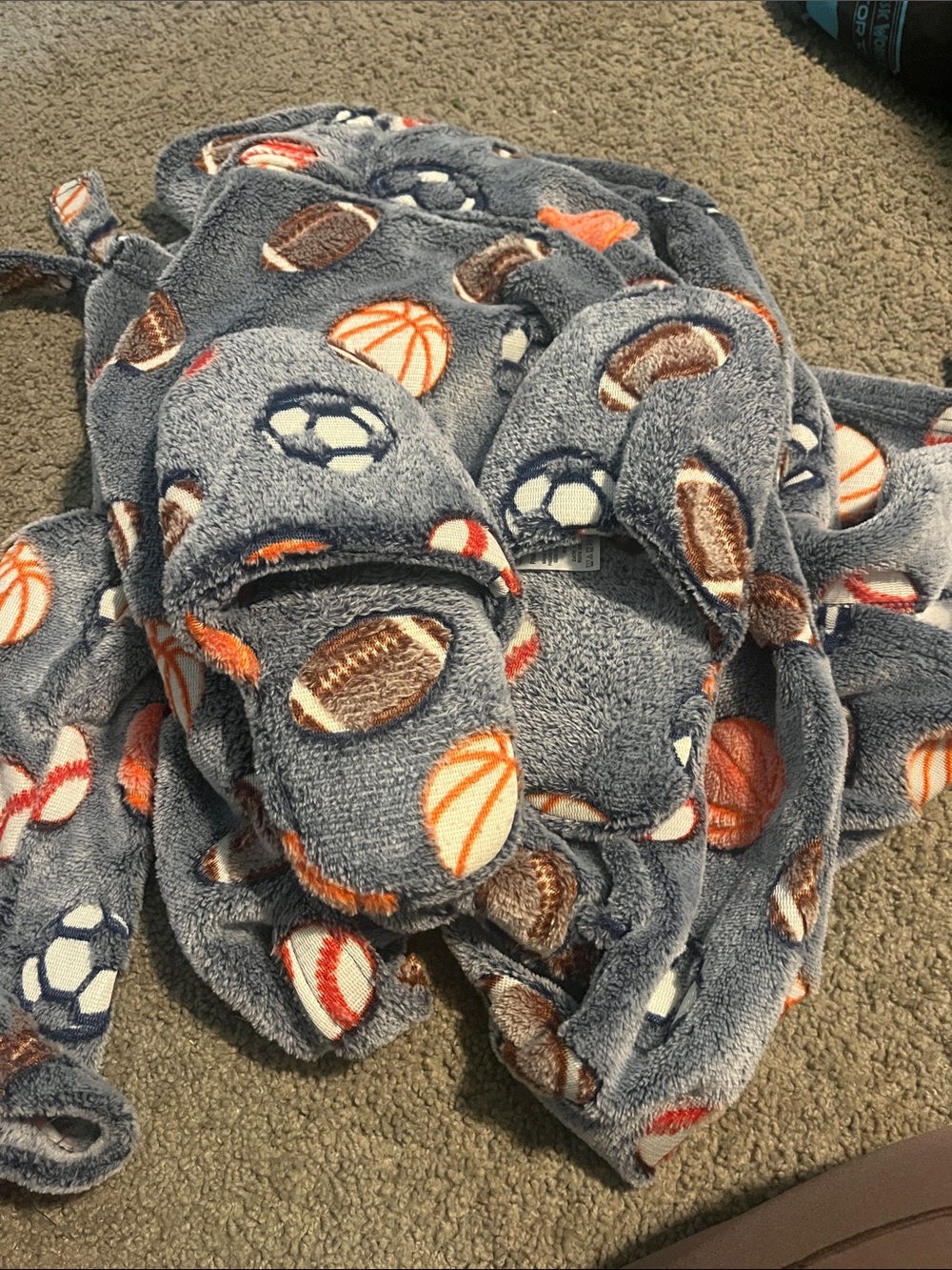 Plush Kids Sports Print Hooded Robe - Blue with Orange & Brown Balls